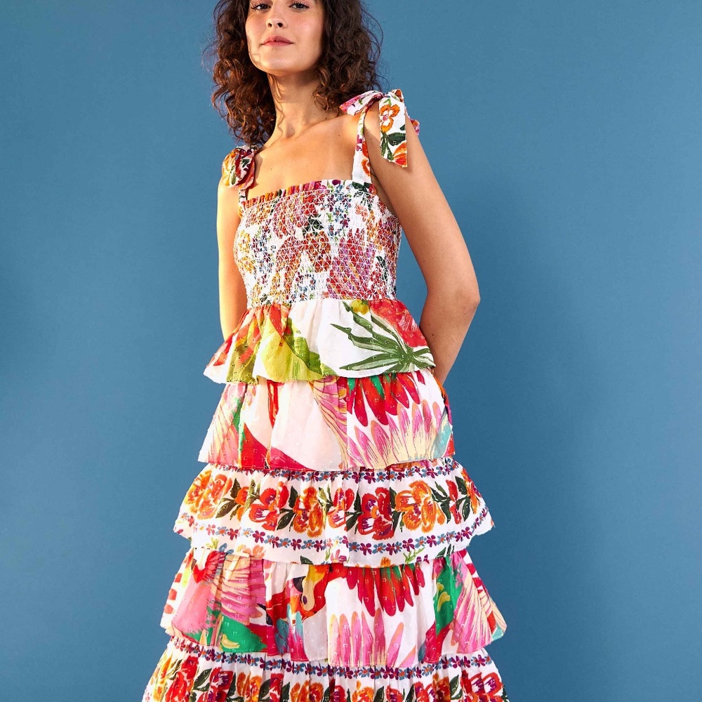 FARM RIO MIXED WHITE PRINTS LAYERED DRESS